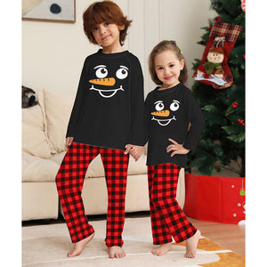 Snowman Plaid Print Round Neck Long Sleeve Christmas Family Pajamas