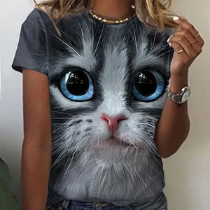Women's T shirt Black and Blue Cat Print