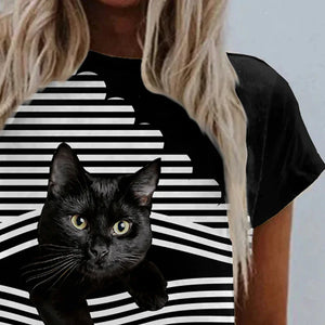 Women's T shirt Diagonal Striped Cat