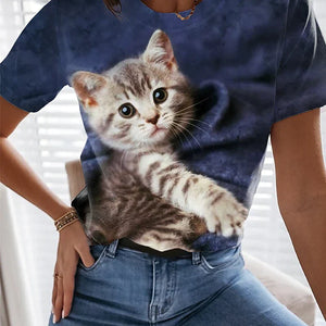 Women's T shirt Pink Blue Green Cat 3D