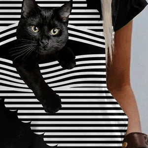 Women's T shirt Diagonal Striped Cat