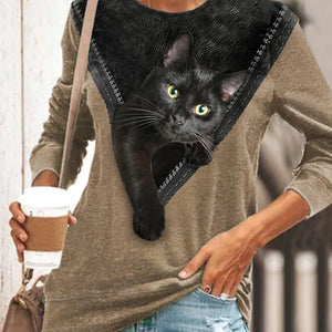 Women's T shirt Color Stitching Cat