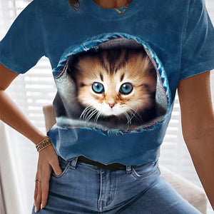 Women's T shirt Black and Blue Cat Print
